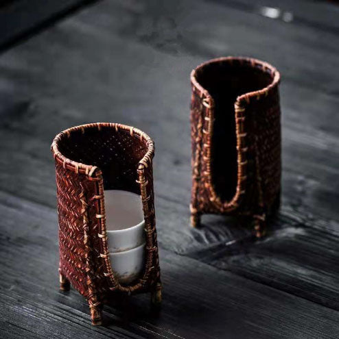 Bamboo woven cup basket, handmade tea ceremony accessories, tea set storage cup holder