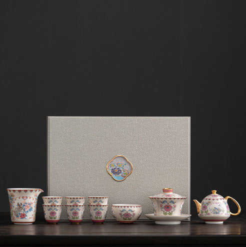 Handmade silk silver kung fu tea set, flower and bird pattern, enamel color tea cover bowl, set in gift box