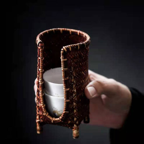 Bamboo woven cup basket, handmade tea ceremony accessories, tea set storage cup holder