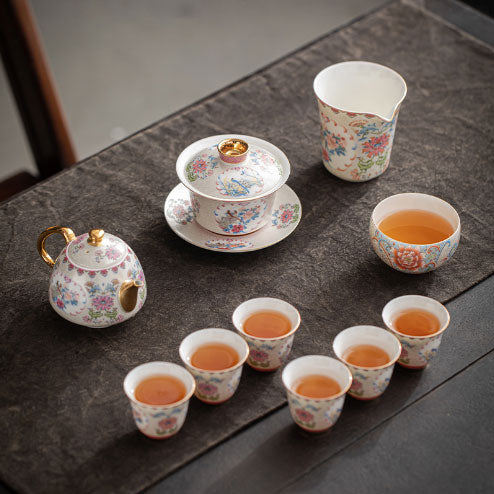 Handmade silk silver kung fu tea set, flower and bird pattern, enamel color tea cover bowl, set in gift box