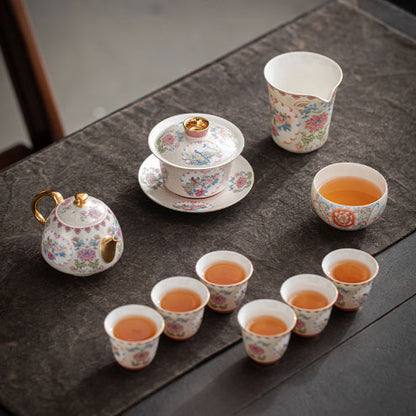 Handmade silk silver kung fu tea set, flower and bird pattern, enamel color tea cover bowl, set in gift box